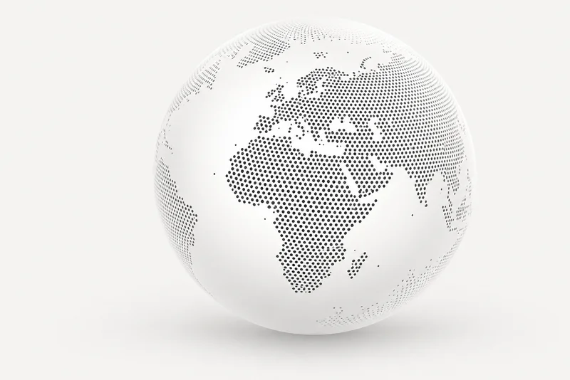 A softly lit globe drawn in graphite dots, representing learning across factories.